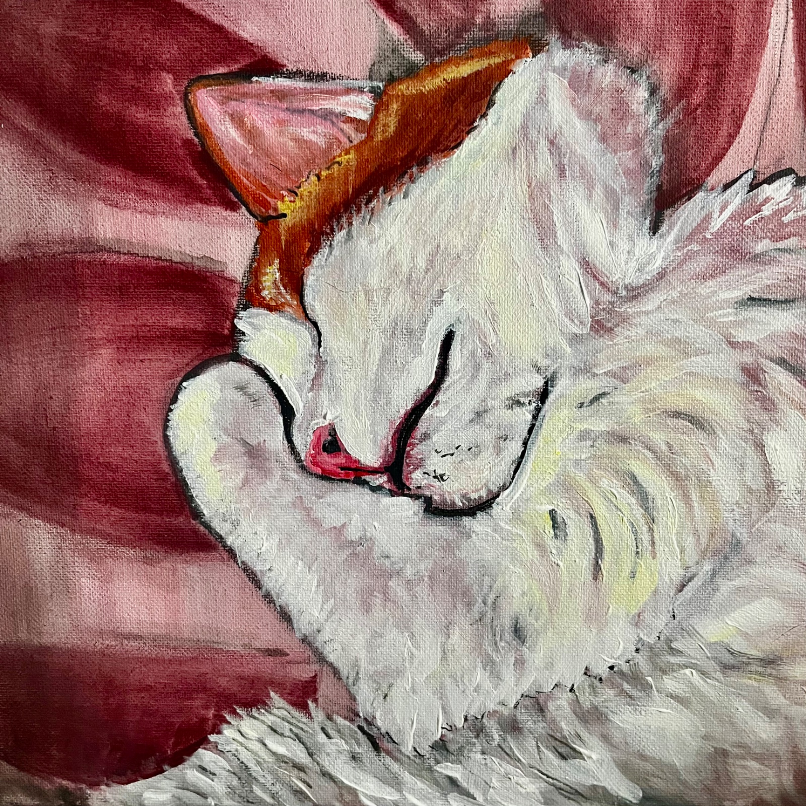 Original acrylic sleeping cat painting white cat portrait 11x16 pet art Cody Carlson Minot North Dakota