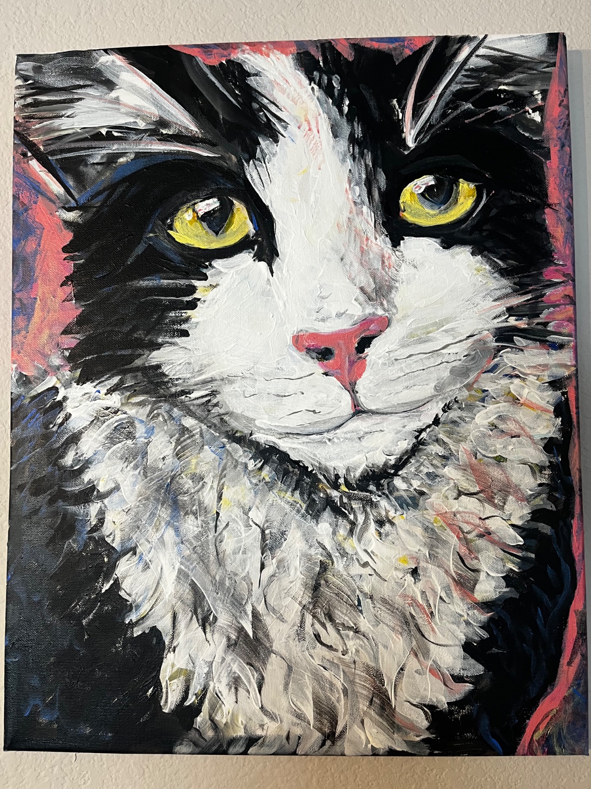 Original acrylic tuxedo cat painting yellow eyes 16x20 pet portrait cat art North Dakota artist Cody Carlson