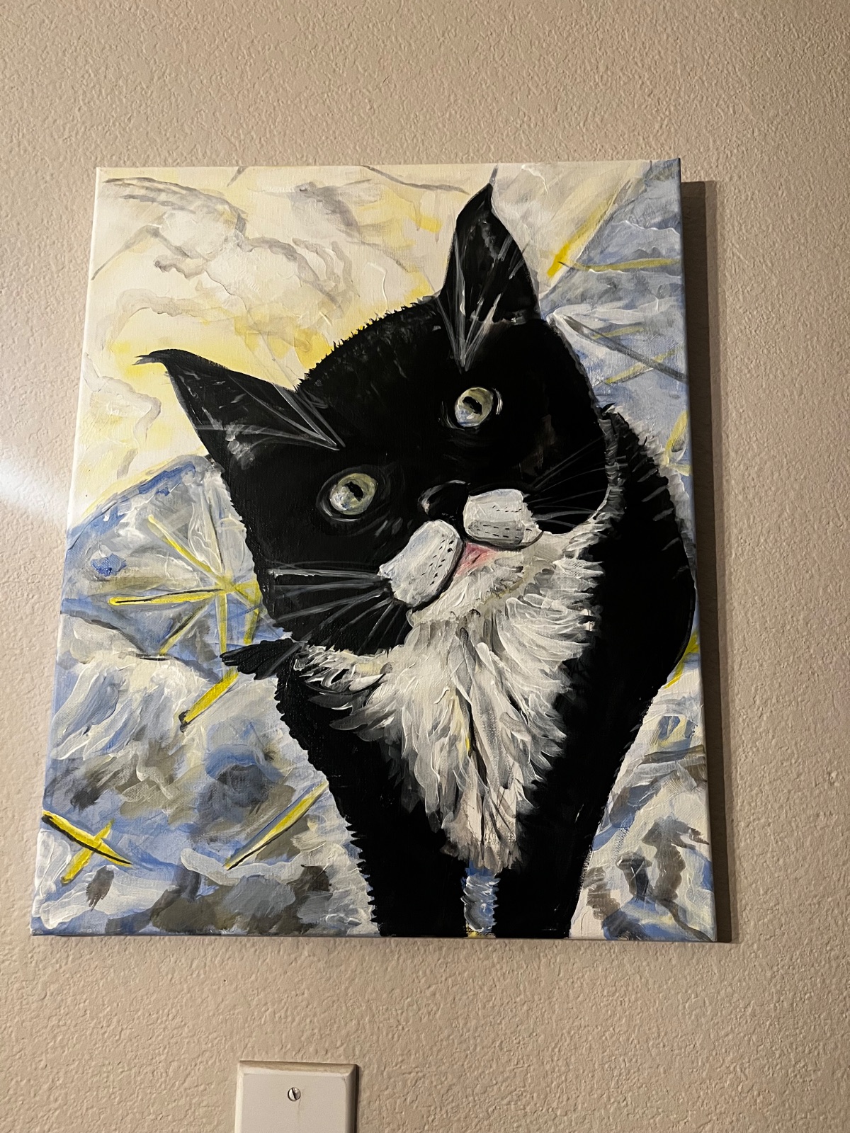 Original acrylic black and white cat painting 16x20 pet portrait cat art Cody Carlson Minot North Dakota