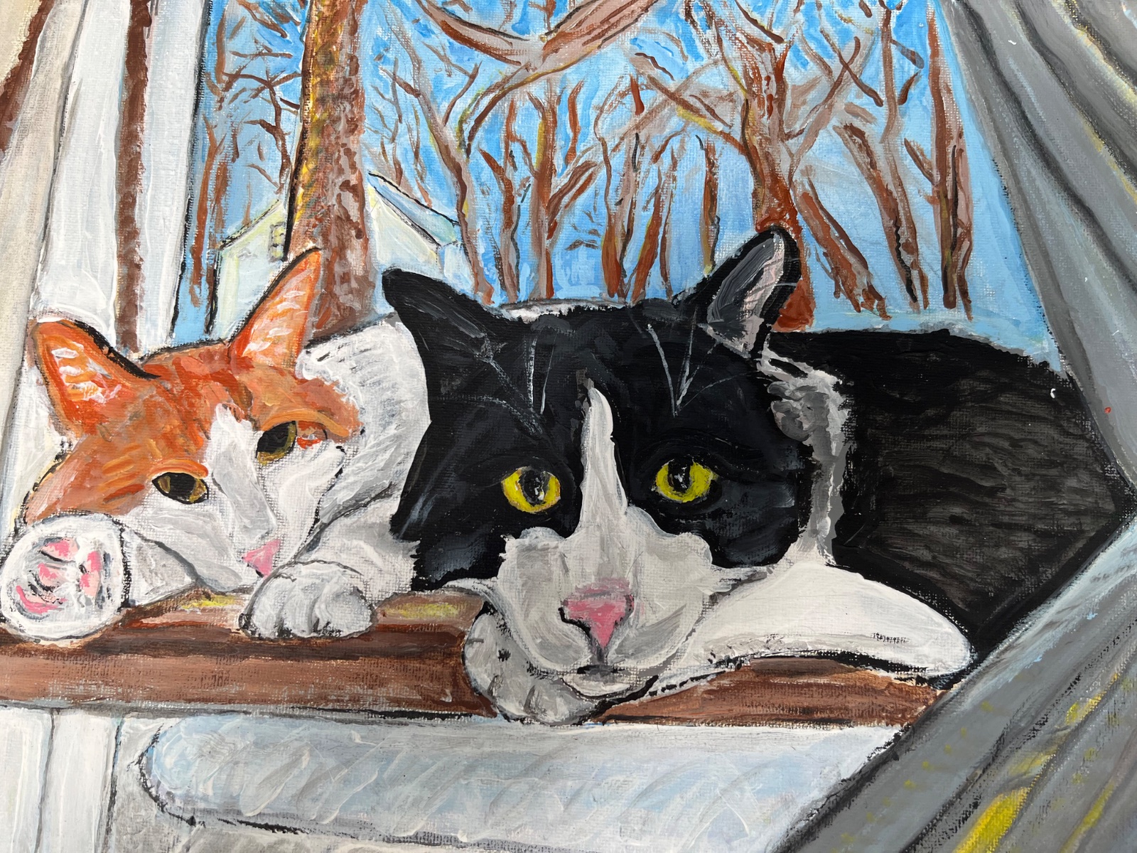 Original acrylic two cat painting window portrait orange tabby tuxedo cat 16x20 North Dakota pet art Cody Carlson