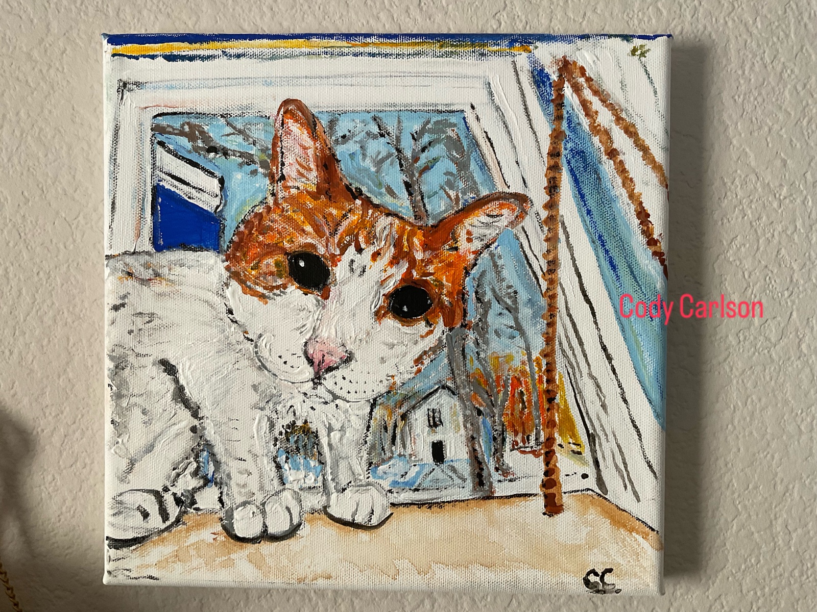 Original acrylic orange tabby cat painting 12x12 pet portrait window cat art Cody Carlson North Dakota