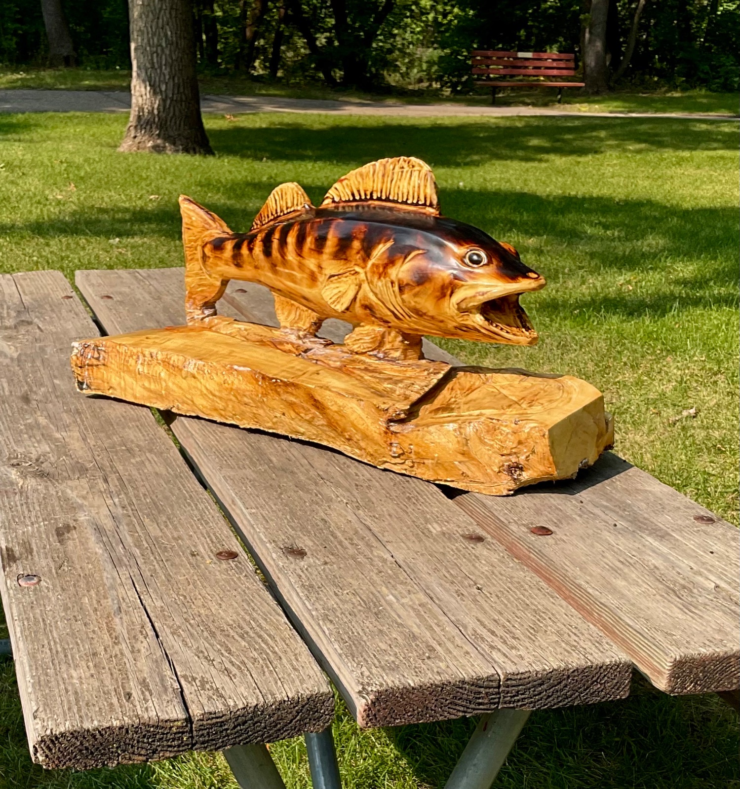 Original handmade boxelder walleye wood carving 27 inch North Dakota fish sculpture outdoor cabin art by Cody Carlson Minot ND