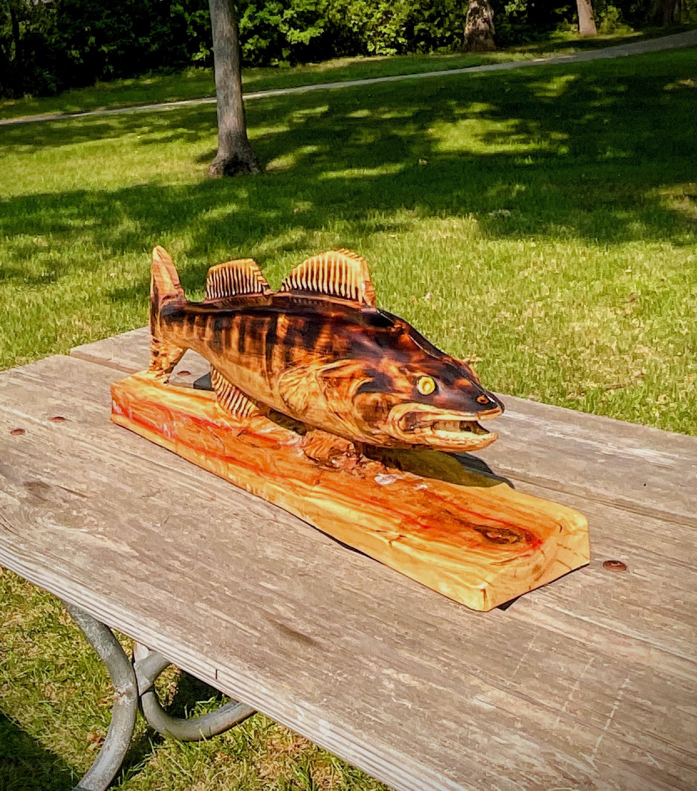 Handmade boxelder walleye fish carving 27 inch original wood sculpture North Dakota wildlife art outdoor ready Cody Carlson