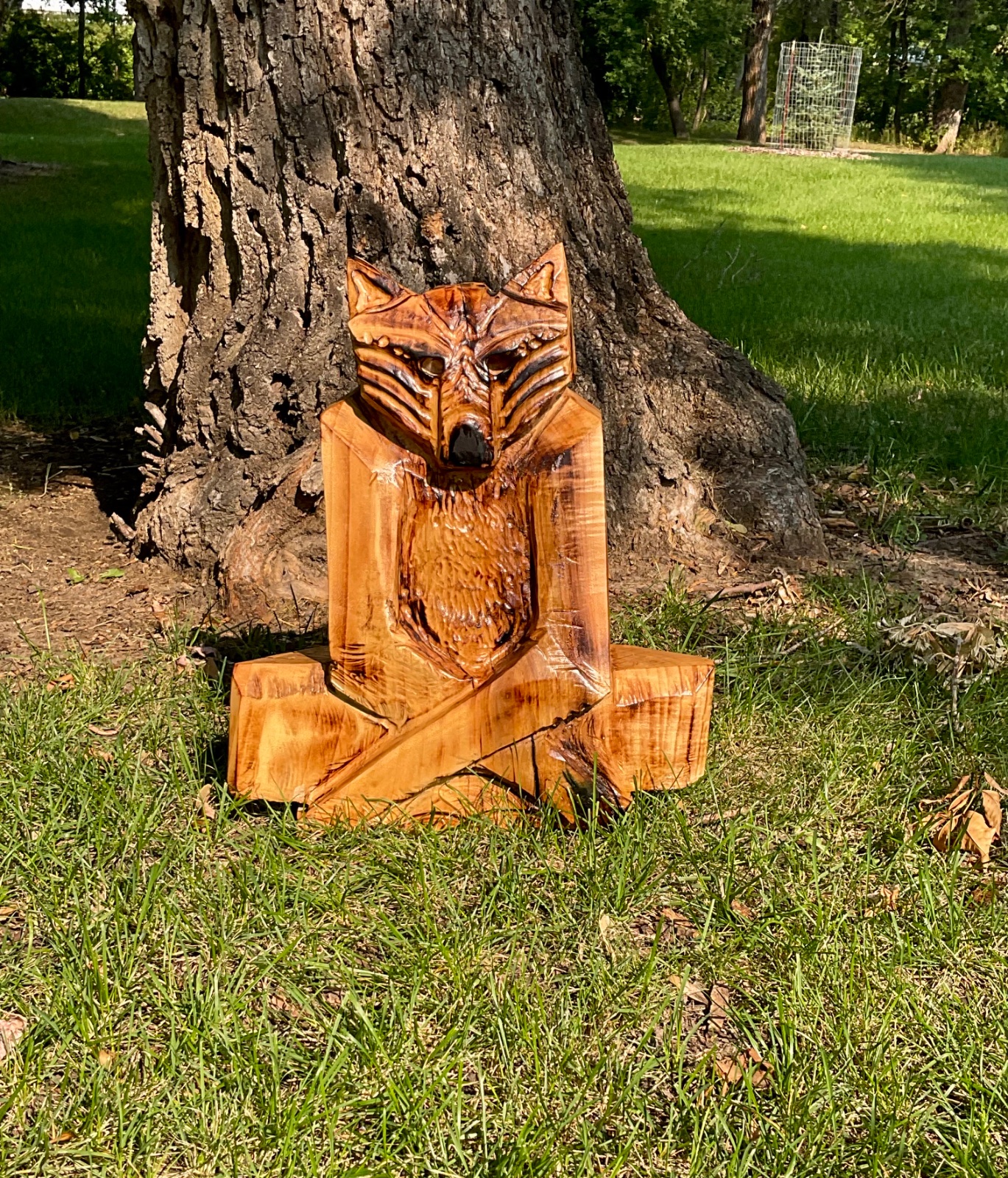 Original maple fox wood carving handmade animal sculpture stubborn wildlife art North Dakota sculptor Cody Carlson