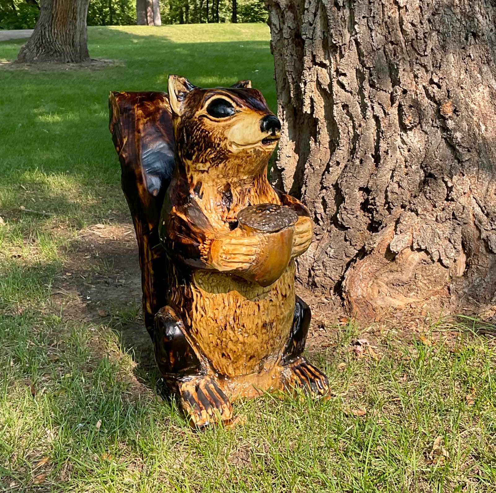 Handmade boxelder squirrel wood carving original garden sculpture outdoor wildlife art North Dakota Cody Carlson